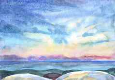 水彩手绘景观鹅卵石海滩海洋