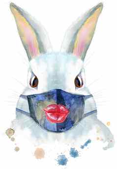 水彩插图白色兔子保护面具