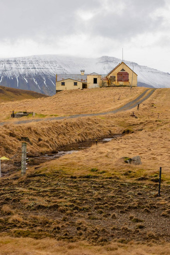 农田车道领导首页蓝色的山雪背景冰岛