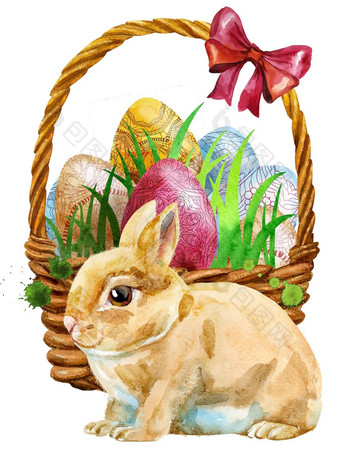 水彩插图米色兔子复活节篮子