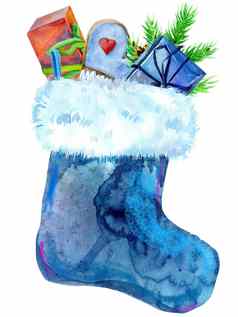 圣诞节蓝色的袜子白色皮毛礼物水彩插图孤立的