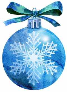水彩蓝色的圣诞节球弓孤立的白色背景