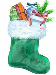 圣诞节绿色袜子白色皮毛礼物水彩插图孤立的