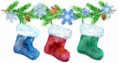 圣诞节及袜子白色皮毛云杉分支机构水彩插图孤立的