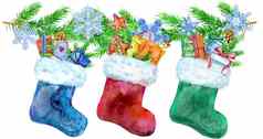 圣诞节及袜子礼物云杉分支机构水彩插图孤立的