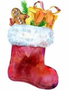 圣诞节红色的袜子白色皮毛礼物水彩插图孤立的