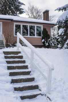 楼梯入口家庭房子前面院子里雪