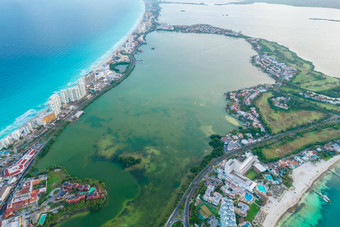 空中<strong>全景</strong>视图坎昆海滩城市<strong>酒店</strong>区墨西哥加勒比海岸景观墨西哥度假胜地海滩playa卡拉科尔库库尔坎路里维埃拉玛雅金塔纳小豆地区尤卡坦半岛半岛