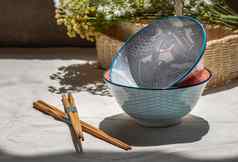 陶瓷碗木筷子印花棉布的织物布