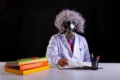 疯狂的科学老师白色外套不整洁的头发坐着桌子上穿气体面具