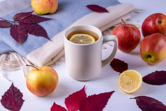 杯子茶软温暖的围巾干秋天叶子成熟的苹果