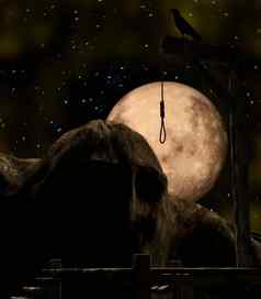 使害怕令人毛骨悚然的晚上金完整的月亮乌鸦坐着