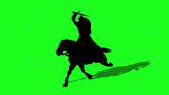 插图轮廓中世纪的骑士骑马剑盾绿色屏幕