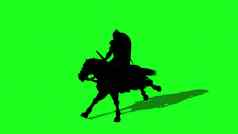 插图轮廓中世纪的骑士骑马剑盾绿色屏幕