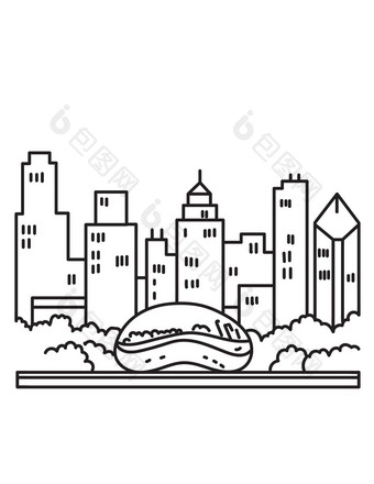 芝加哥市中心天际线豆云门雕塑公园烧烤湖密歇根伊利诺斯州美国单行艺术海报