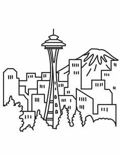 西雅图城市市中心天际线空间针山雷尼尔山华盛顿状态美国单行艺术海报