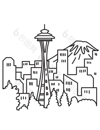西雅图城市市中心天际线空间针<strong>山雷尼尔山</strong>华盛顿状态美国单行艺术海报