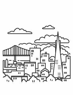 三旧金山市中心天际线金门桥湾区域加州美国单行艺术海报
