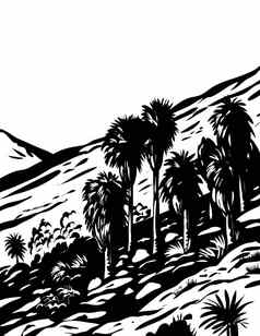 fortynine手掌绿洲小道约书亚树国家公园加州美国水渍险木刻黑色的白色艺术