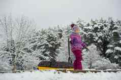 女孩冬天紫色的衣服充气圆走街白雪覆盖的森林