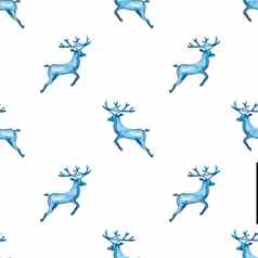 驯鹿圣诞节水彩鹿阉割过的雄鹿eamless模式蓝色的颜色手画动物驼鹿背景壁纸点缀包装圣诞节礼物