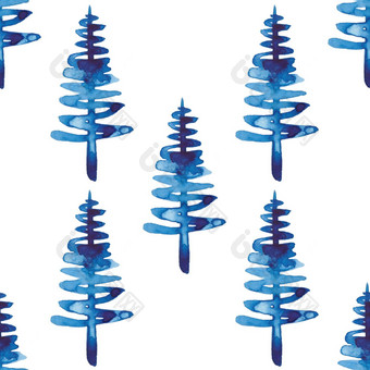 圣诞节水彩冷杉树无缝的模式蓝色的颜色手画云杉松树背景壁纸点缀包装圣诞节装饰