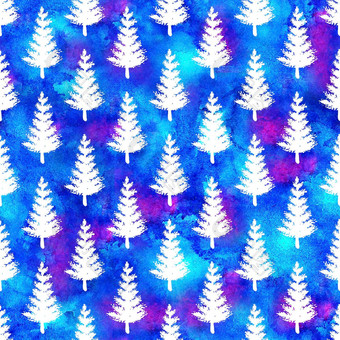 圣诞节水彩画冷杉树无缝的模式白色颜色蓝色的水彩背景手绘云杉松树壁纸点缀包装圣诞节装饰