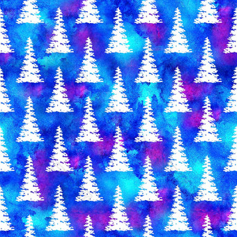 圣诞节水彩画冷杉树无缝的模式白色颜色蓝色的水彩背景<strong>手绘</strong>云杉<strong>松树</strong>壁纸点缀包装圣诞节装饰