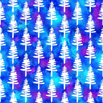 圣诞节水彩画冷杉树无缝的模式白色颜色蓝色的水彩背景手绘云杉松树壁纸点缀包装圣诞节装饰