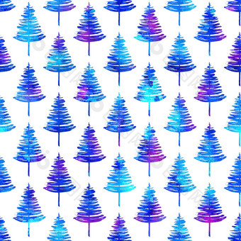 圣诞节水彩画冷杉树无缝的模式蓝色的颜色白色背景手绘水彩云杉松树壁纸点缀包装圣诞节装饰图片