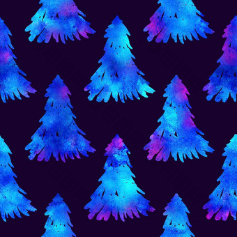 圣诞节水彩画冷杉树无缝的模式白色颜色黑暗蓝色的背景手绘云杉松树壁纸点缀包装圣诞节装饰