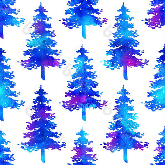 圣诞节水彩画冷杉树无缝的模式蓝色的颜色白色背景<strong>手绘</strong>水彩云杉<strong>松树</strong>壁纸点缀包装圣诞节装饰