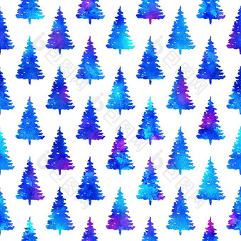 圣诞节水彩画冷杉树无缝的模式蓝色的颜色白色背景手绘水彩云杉松树壁纸点缀包装圣诞节装饰图片
