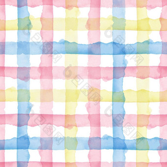 <strong>格子</strong>水彩摘要黄色的粉红色的<strong>蓝色</strong>的条纹背景很酷的无缝的检查模式织物纺织纸简单的手画条纹