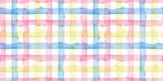 格子水彩摘要黄色的粉红色的蓝色的条纹背景很酷的无缝的检查模式织物纺织纸简单的手画条纹