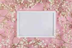 空白色空白框架包围白色婴儿呼吸花粉红色的背景高质量美丽的照片概念