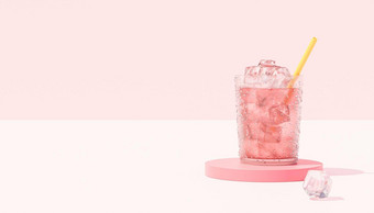 喝玻璃冰稻草粉红色的背景复制空间渲染