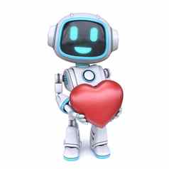 可爱的蓝色的机器人持有红色的心