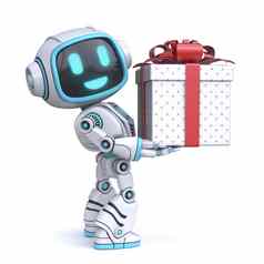 可爱的蓝色的机器人持有礼物盒子