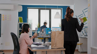 企业家女人坐着桌子上公司办公室吃三明治在线videocall会议