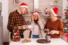 快乐家庭庆祝圣诞节假期支出时间圣诞节装饰厨房