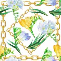 水彩白色紫罗兰色的小苍兰花黄金链无缝的背景模式轮廓花瓣