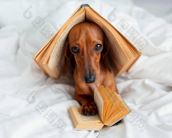 可爱的狗书床上高质量照片