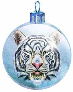 水彩白色圣诞节球老虎孤立的白色背景