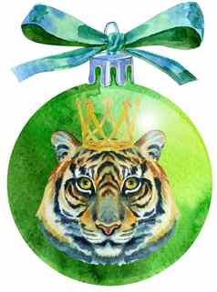 水彩绿色圣诞节球弓老虎孤立的白色背景