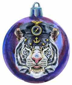 水彩紫罗兰色的圣诞节球老虎孤立的白色背景