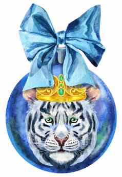 水彩蓝色的圣诞节球弓老虎孤立的白色背景