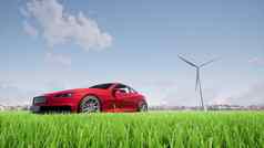 风发电机机红色的车绿色草场生态景观渲染
