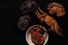 煮熟的上海多毛的蟹中国人手套蟹埃里奥切尔中国辣椒草黑色的背景
