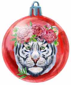 水彩红色的圣诞节球老虎孤立的白色背景